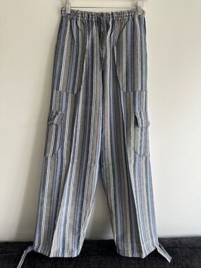 Peru/Ecuador Handmade Cotton Boho Unisex Striped Pants Joggers Blue Gray Medium
